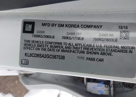 2016 Chevrolet Spark 1Lt Cvt z USA, uszkodzony, nr VIN KL8CD6SA2GC587538